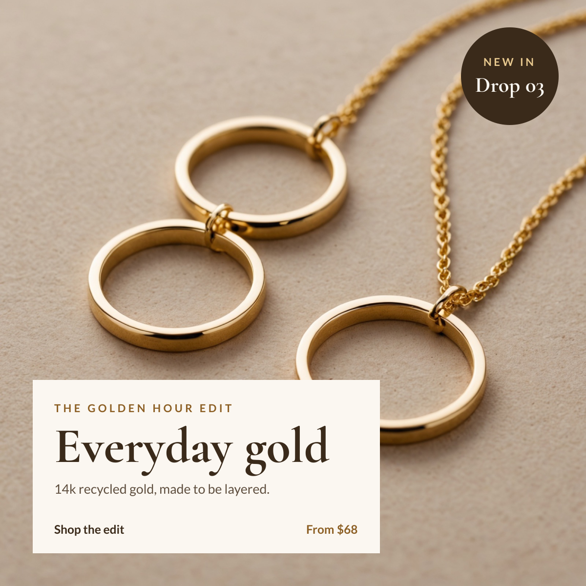 Preview of the Jewelry Collection Post template: gold jewelry product photo with a cream caption panel and a new-in badge