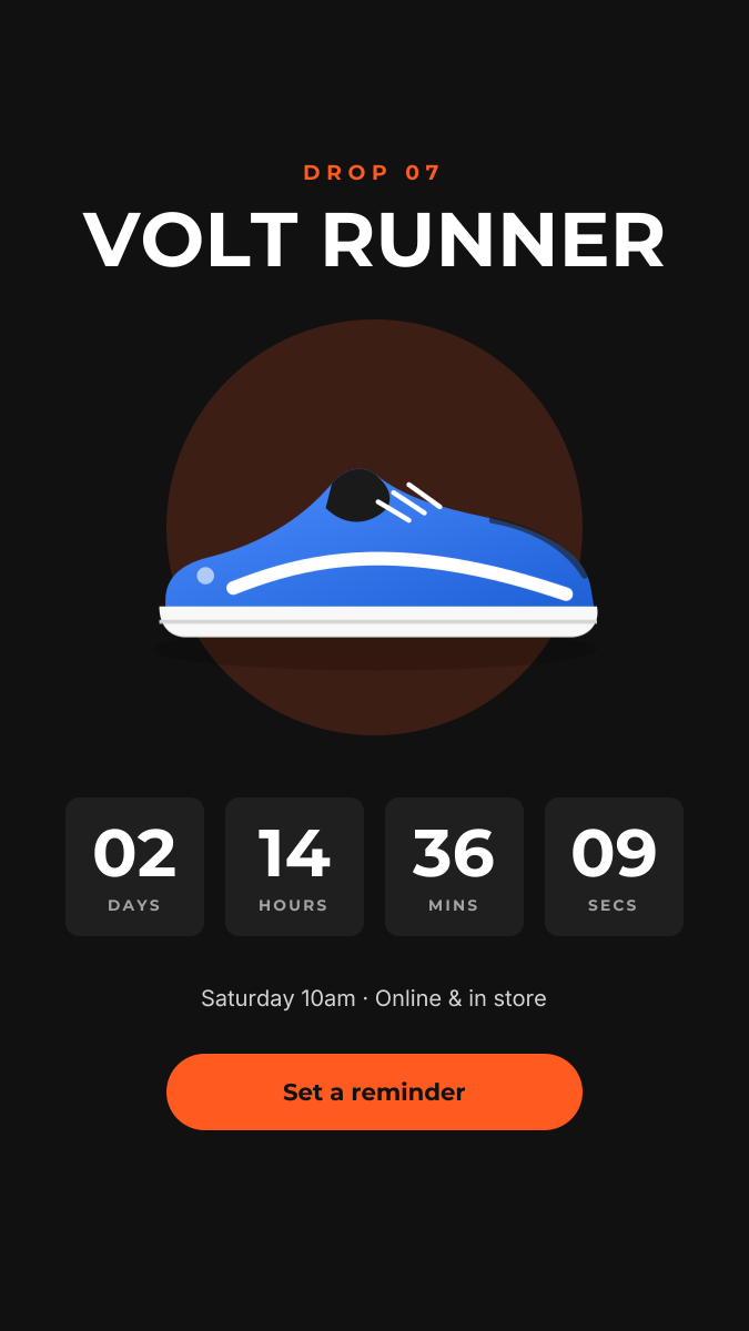 Preview of the Product Launch Countdown Story template: dark product-drop story with a glowing hero shot and countdown tiles