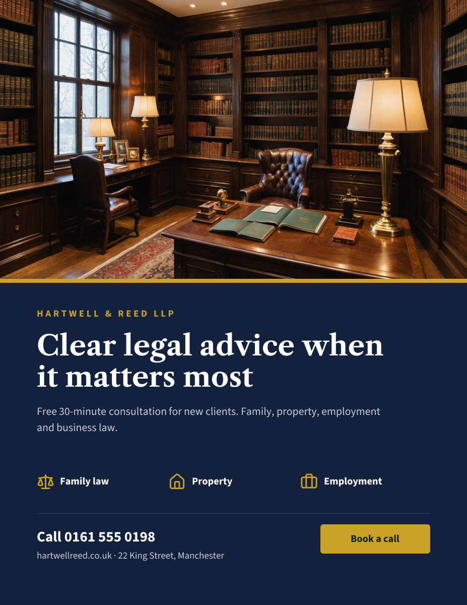 Preview of the Law Firm Flyer template: law library photo above a navy panel with practice areas, offer and contact details
