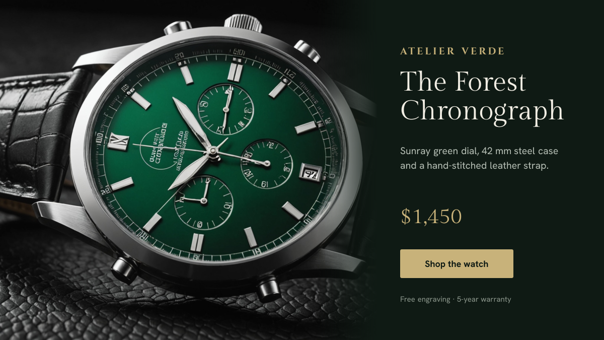 Preview of the Luxury Watch Ad template: green dial watch photo beside a deep green panel with specs, price and shop button
