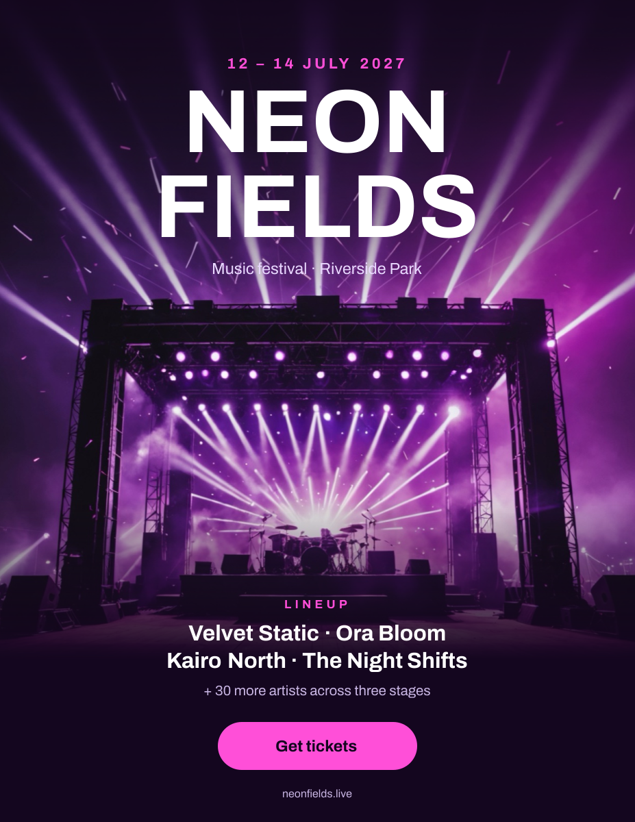 Preview of the Music Festival Poster template: neon stage-light photo with a giant title, lineup and tickets button