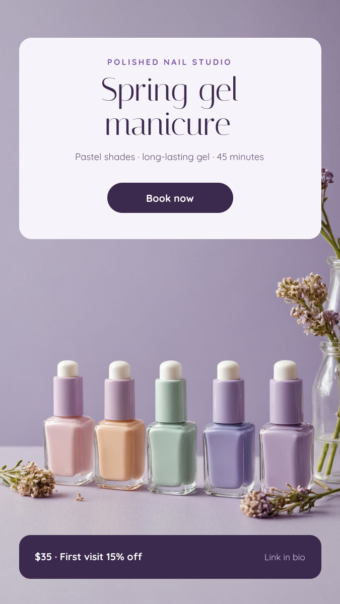 Preview of the Nail Salon Story template: pastel polish bottles on lilac with a soft headline card and booking button