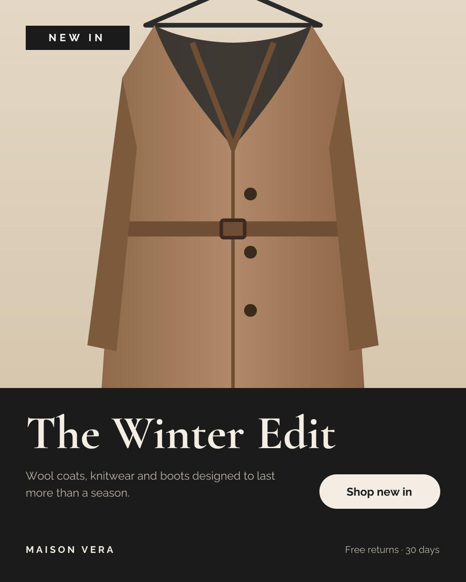 Preview of the New Arrivals Post template: editorial “new in” post with a large photo and a dark caption panel