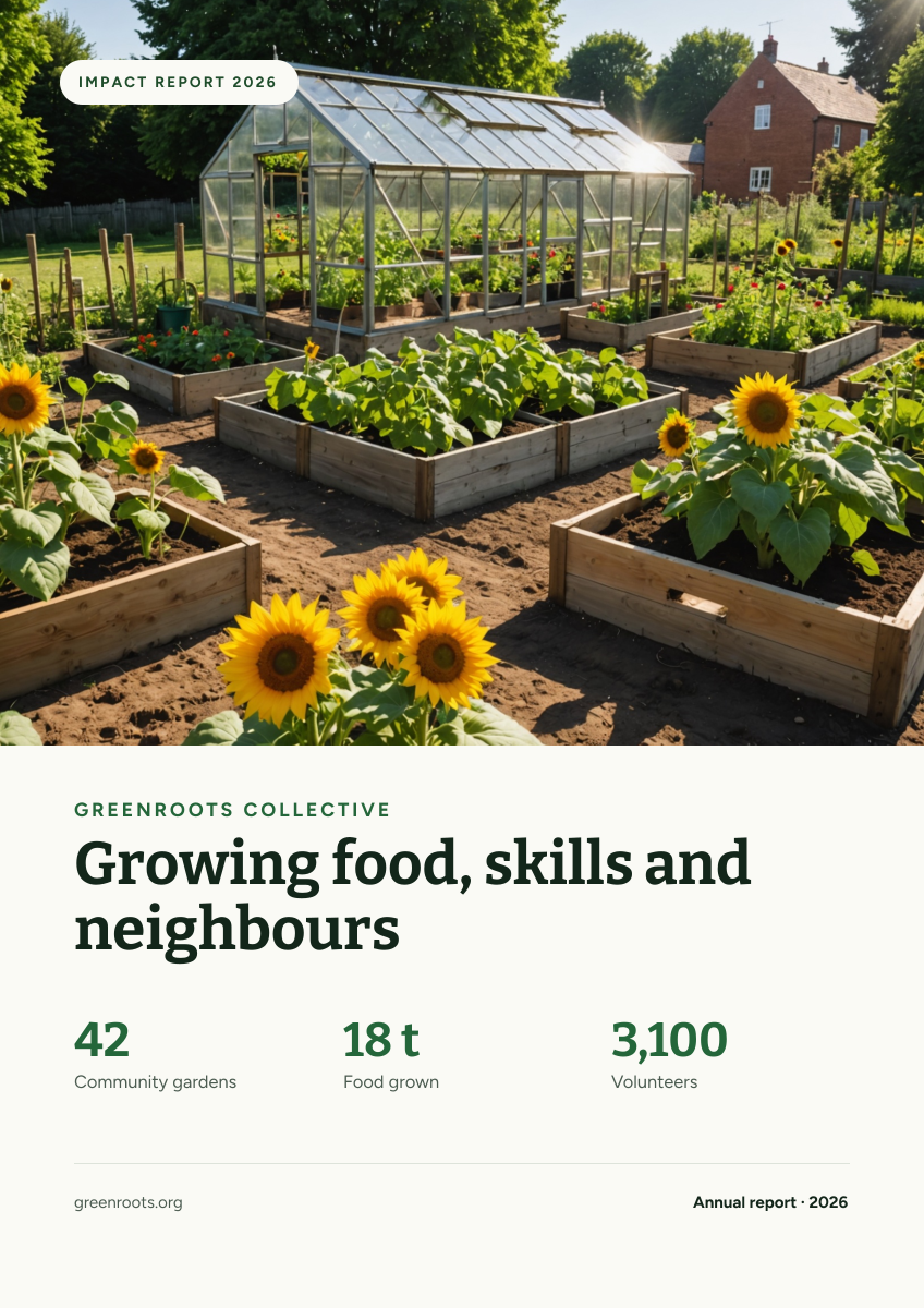 Preview of the Nonprofit Impact Report Cover template: community garden photo with a mission headline and three headline stats