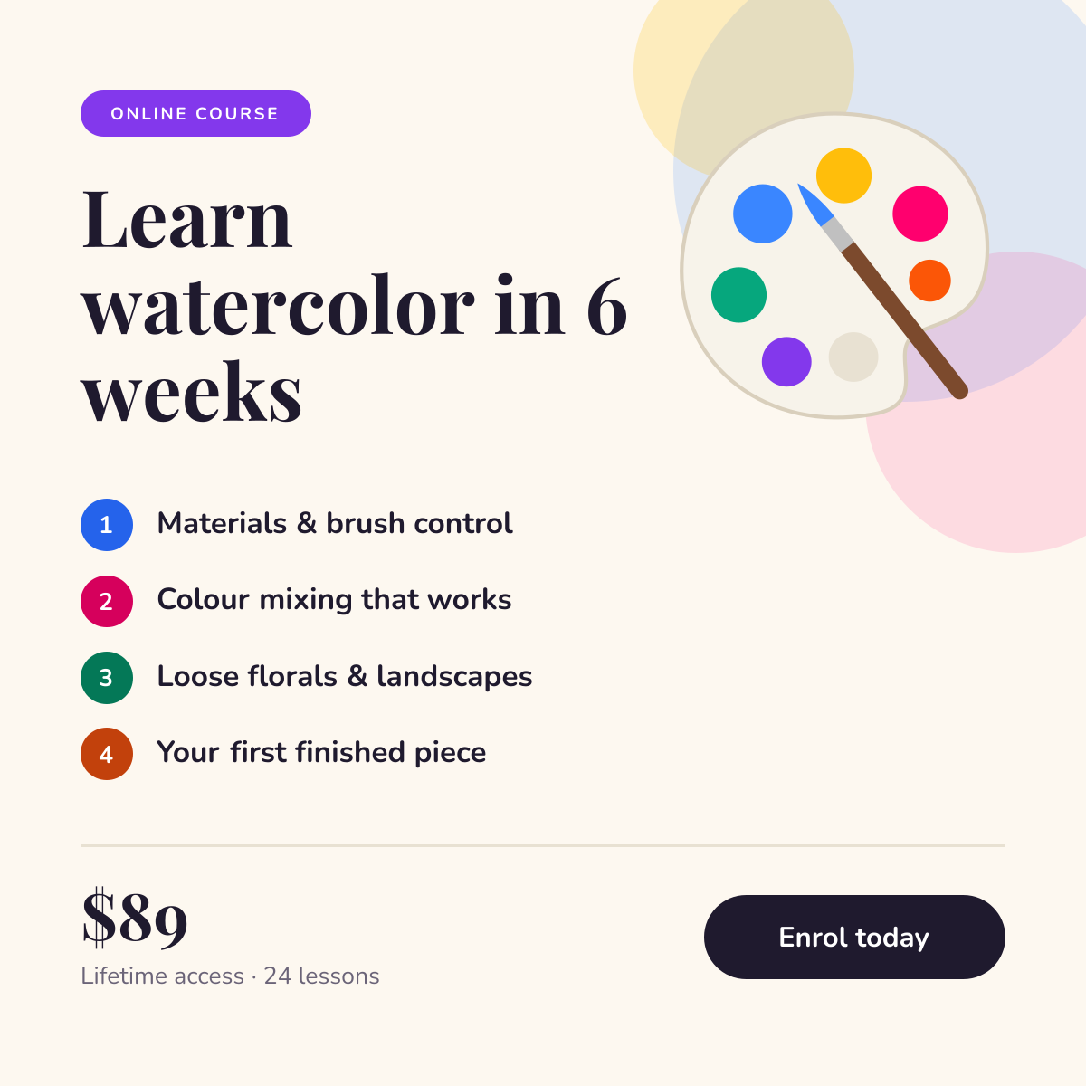 Preview of the Online Course Promotion template: course launch post with a numbered curriculum, price and enrol button
