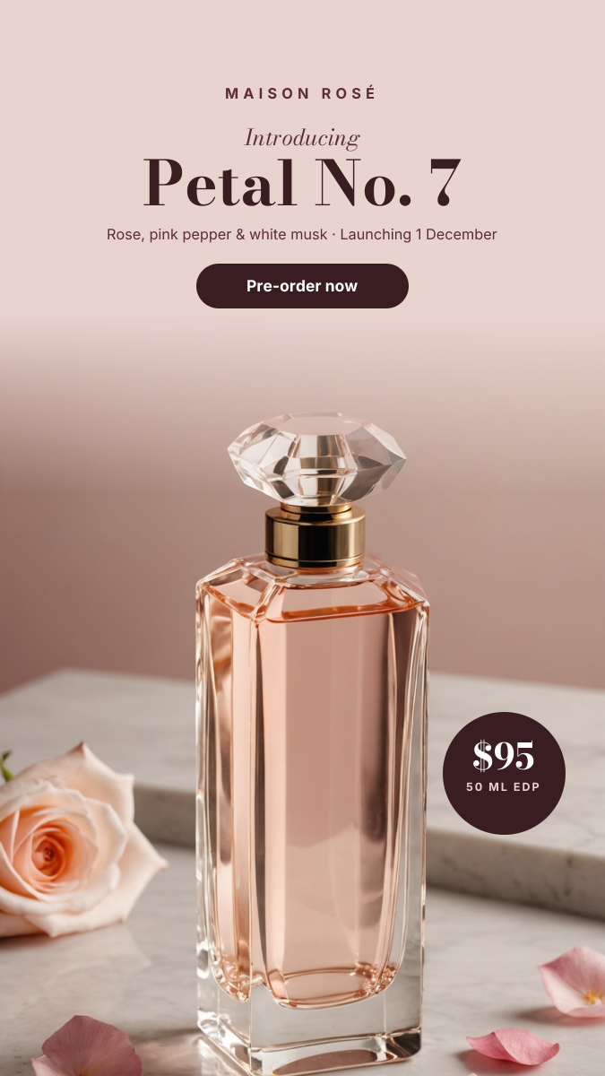 Preview of the Perfume Launch Story template: blush perfume bottle photo with an elegant fragrance name, notes and price badge