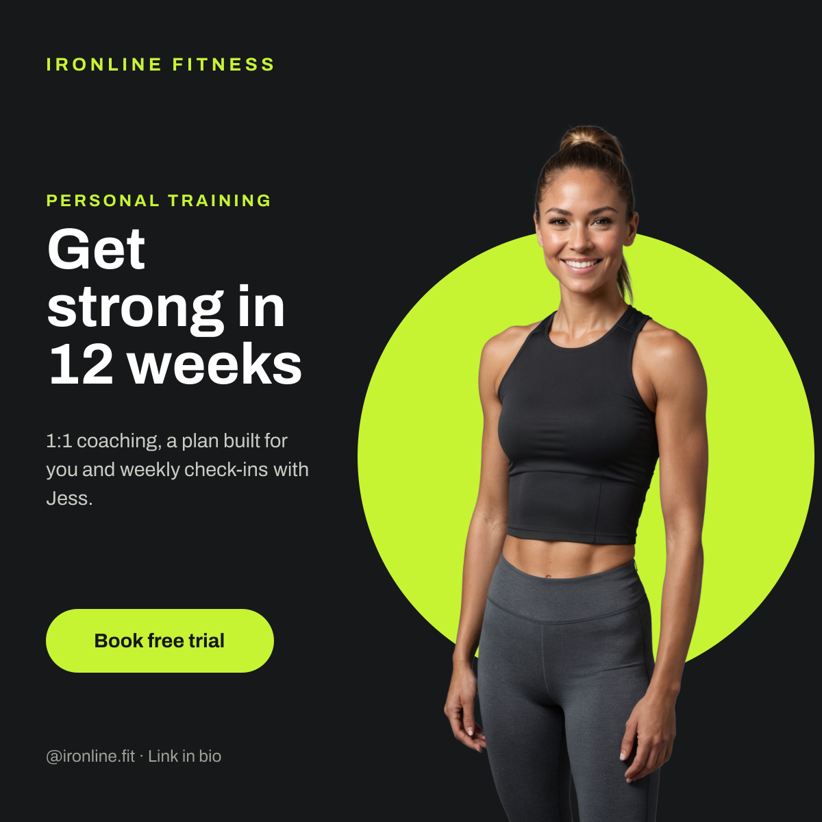 Preview of the Personal Trainer Post template: cut-out trainer portrait on a lime circle with a bold coaching headline