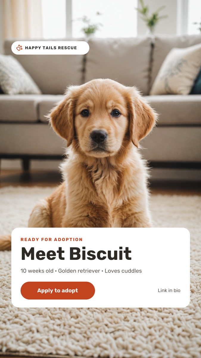 Preview of the Pet Adoption Story template: full-screen puppy photo with a white profile card and apply-to-adopt button