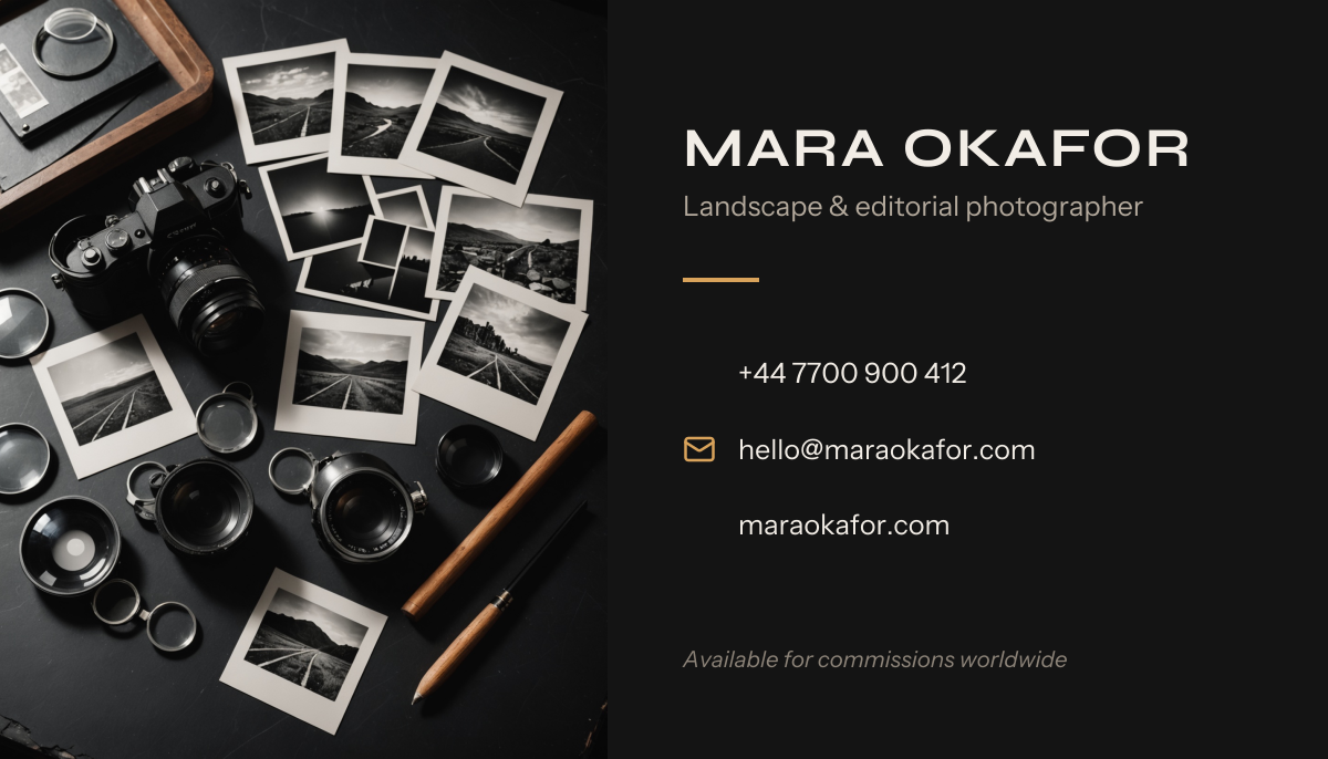 Preview of the Photographer Business Card template: dark card with a photo prints still life, name, specialty and contact icons