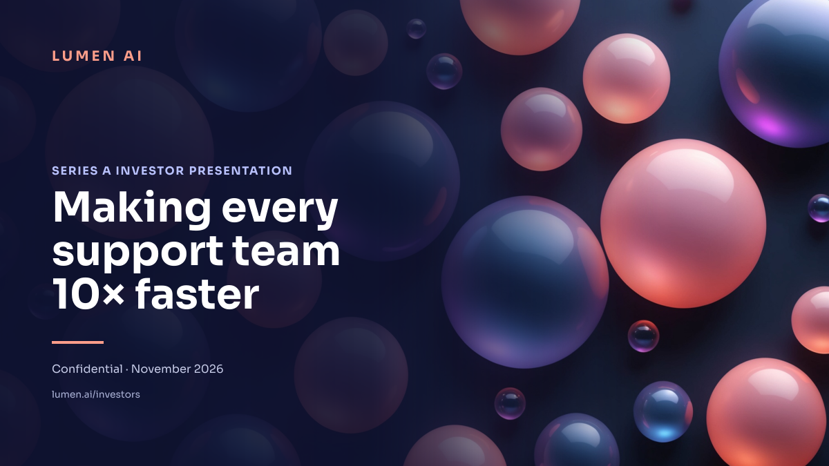 Preview of the Pitch Deck Cover template: abstract glass spheres behind a bold mission headline for an investor deck