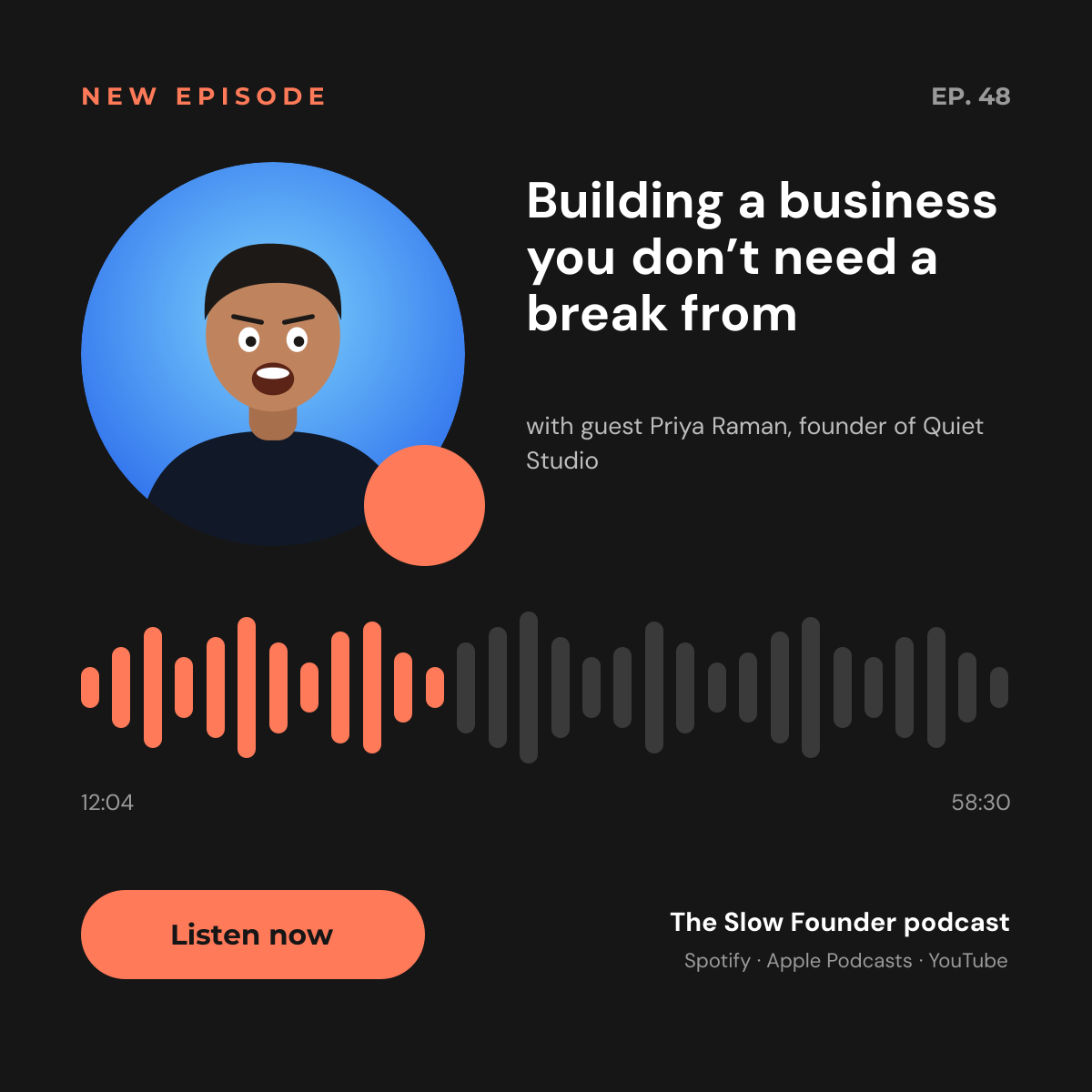 Preview of the Podcast Episode Announcement template: dark episode post with a guest portrait, waveform and listen button