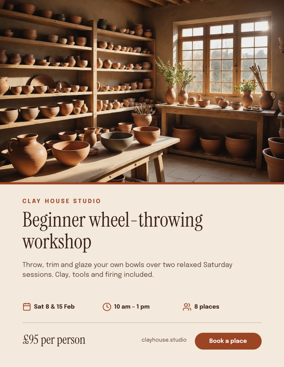 Preview of the Pottery Workshop Flyer template: sunlit ceramics studio photo above class details, price and a booking button