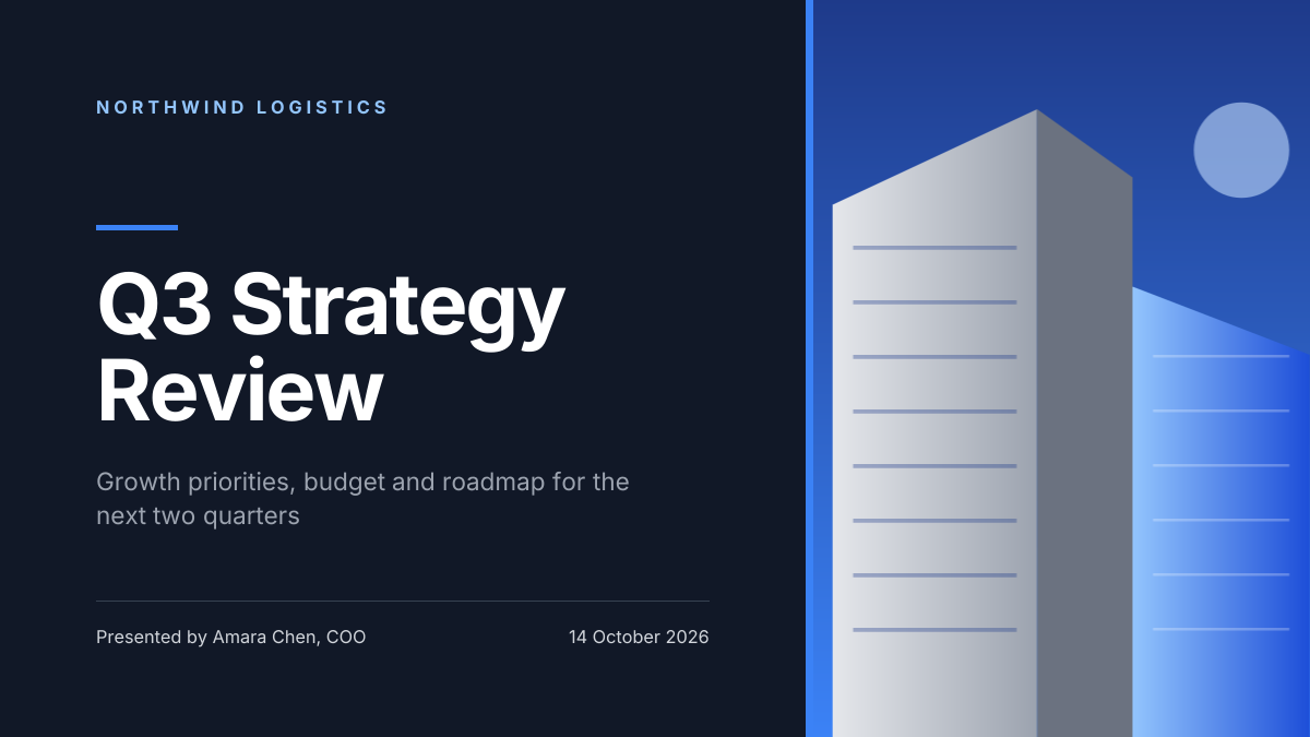 Preview of the Corporate Presentation Cover template: dark 16:9 title slide with an architectural image panel