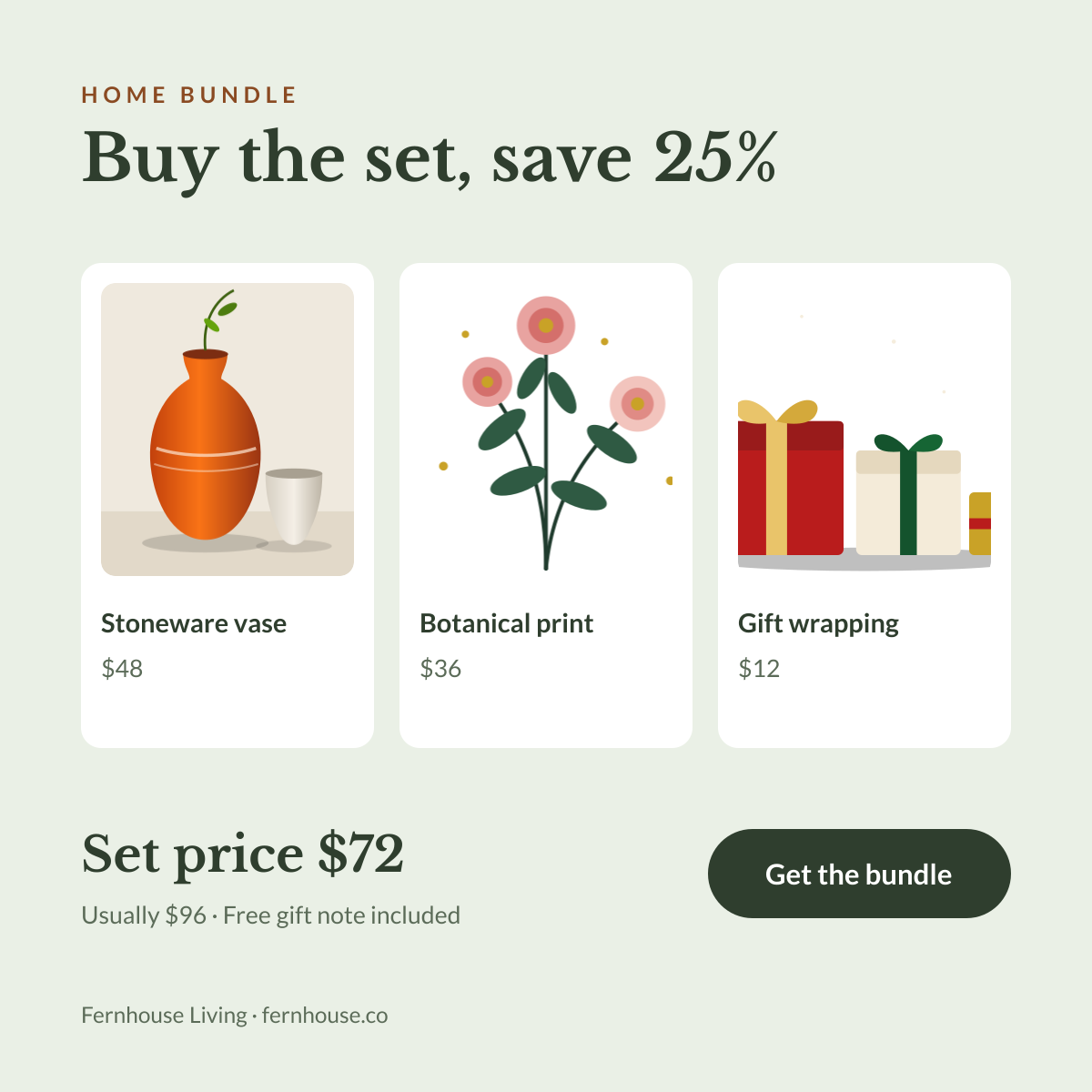 Preview of the Product Bundle Deal template: three product cards with prices and a bundle price that shows the saving