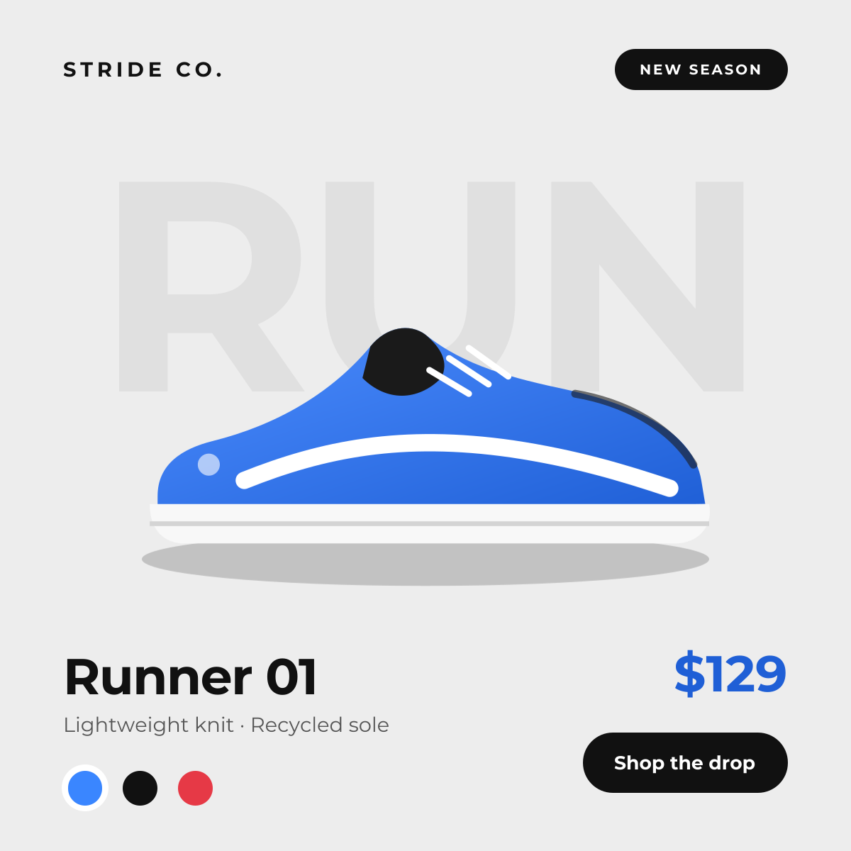 Preview of the Product Showcase template: studio-style product drop with background type and colour swatches