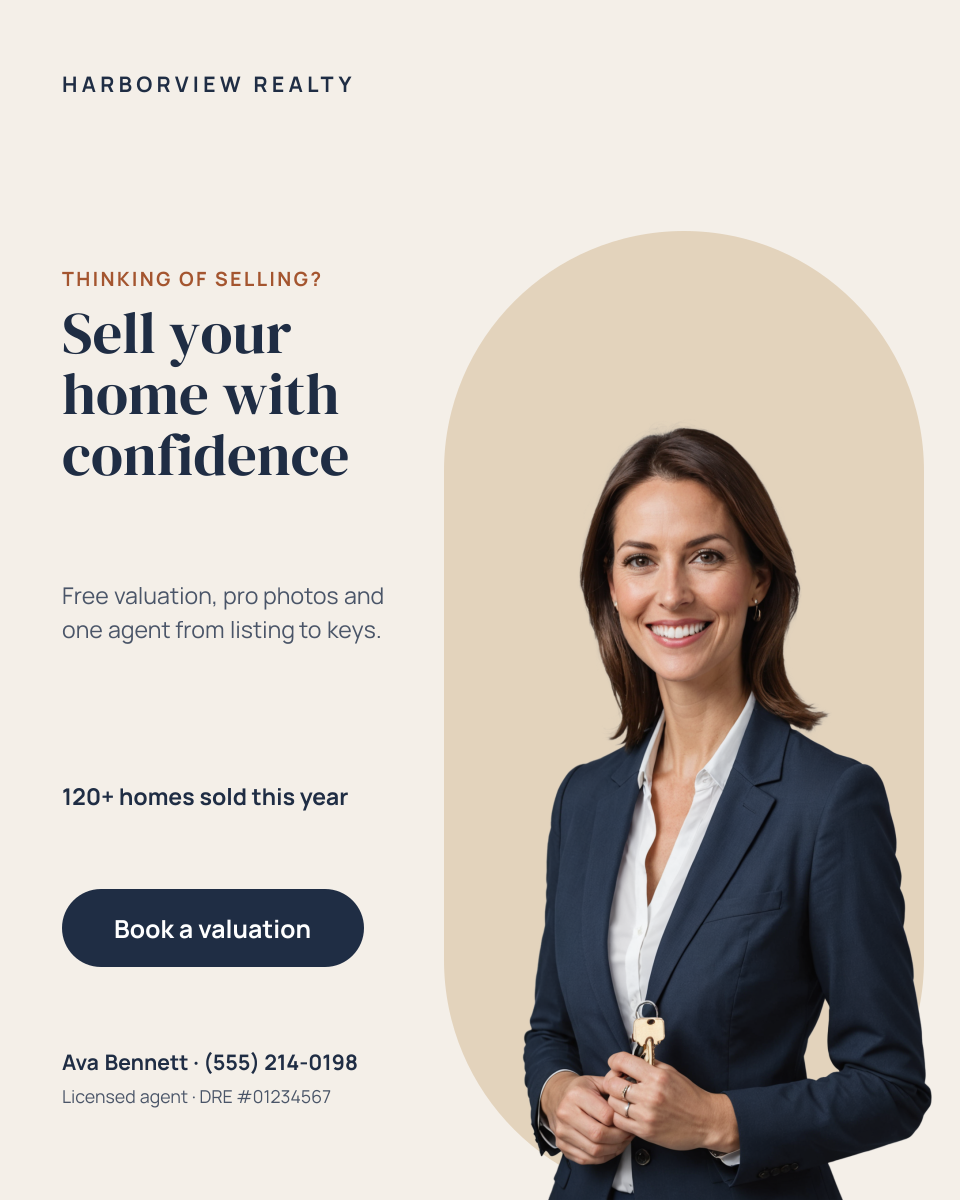 Preview of the Real Estate Agent Ad template: cut-out agent holding house keys on a sand arch, with a seller headline and contact