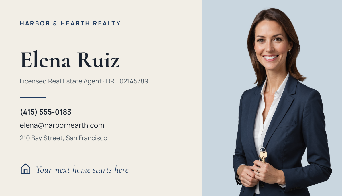 Preview of the Real Estate Agent Business Card template: agent portrait on a soft blue panel beside a navy-and-cream contact layout