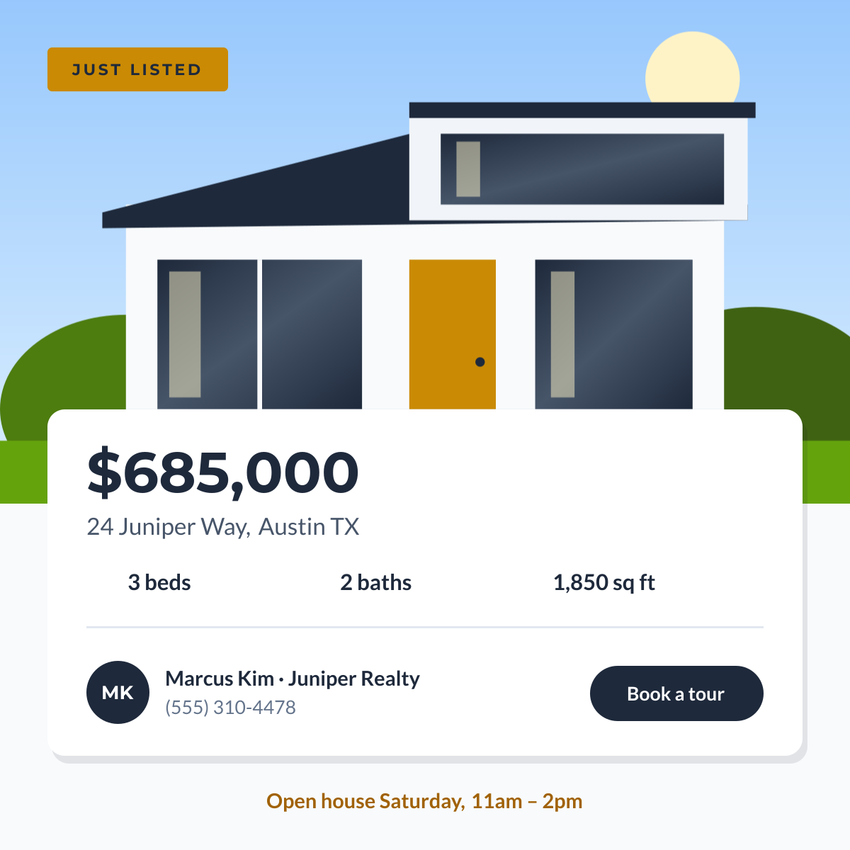 Preview of the Real Estate Property Promotion template: “just listed” property post with key specs and agent details
