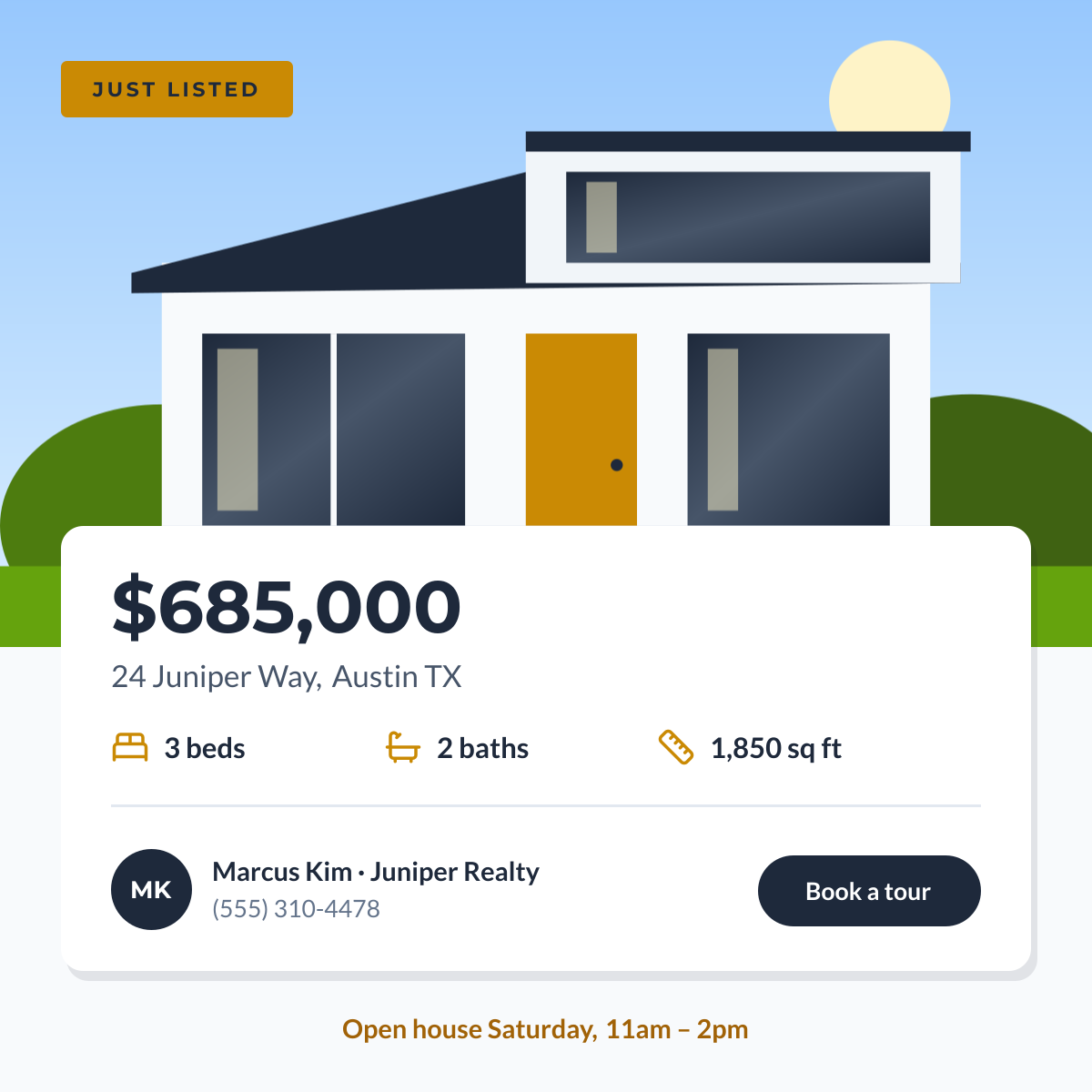 Preview of the Real Estate Property Promotion template: “just listed” property post with key specs and agent details