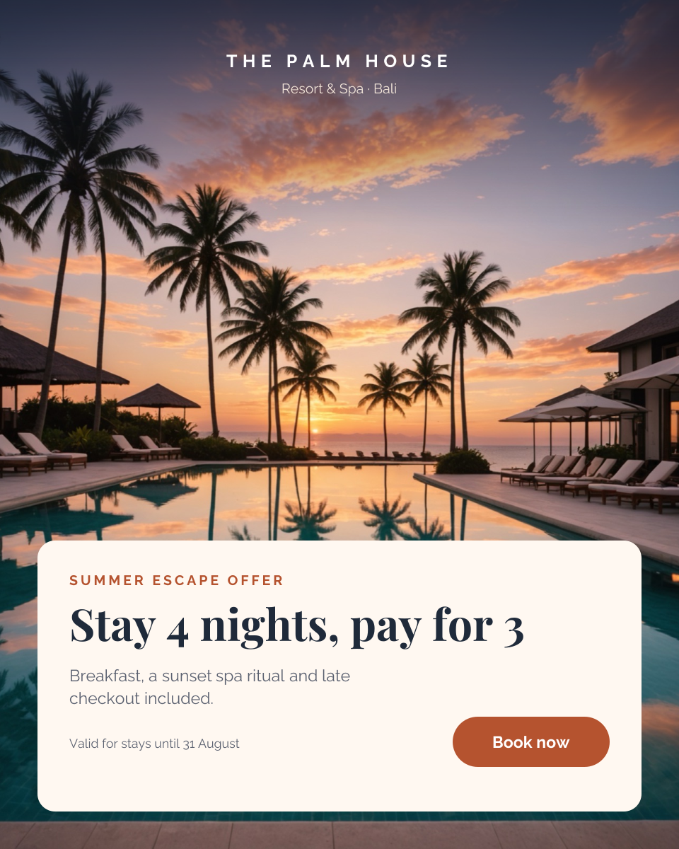 Preview of the Resort Booking Ad template: sunset pool photo with an elegant offer card and book-now button
