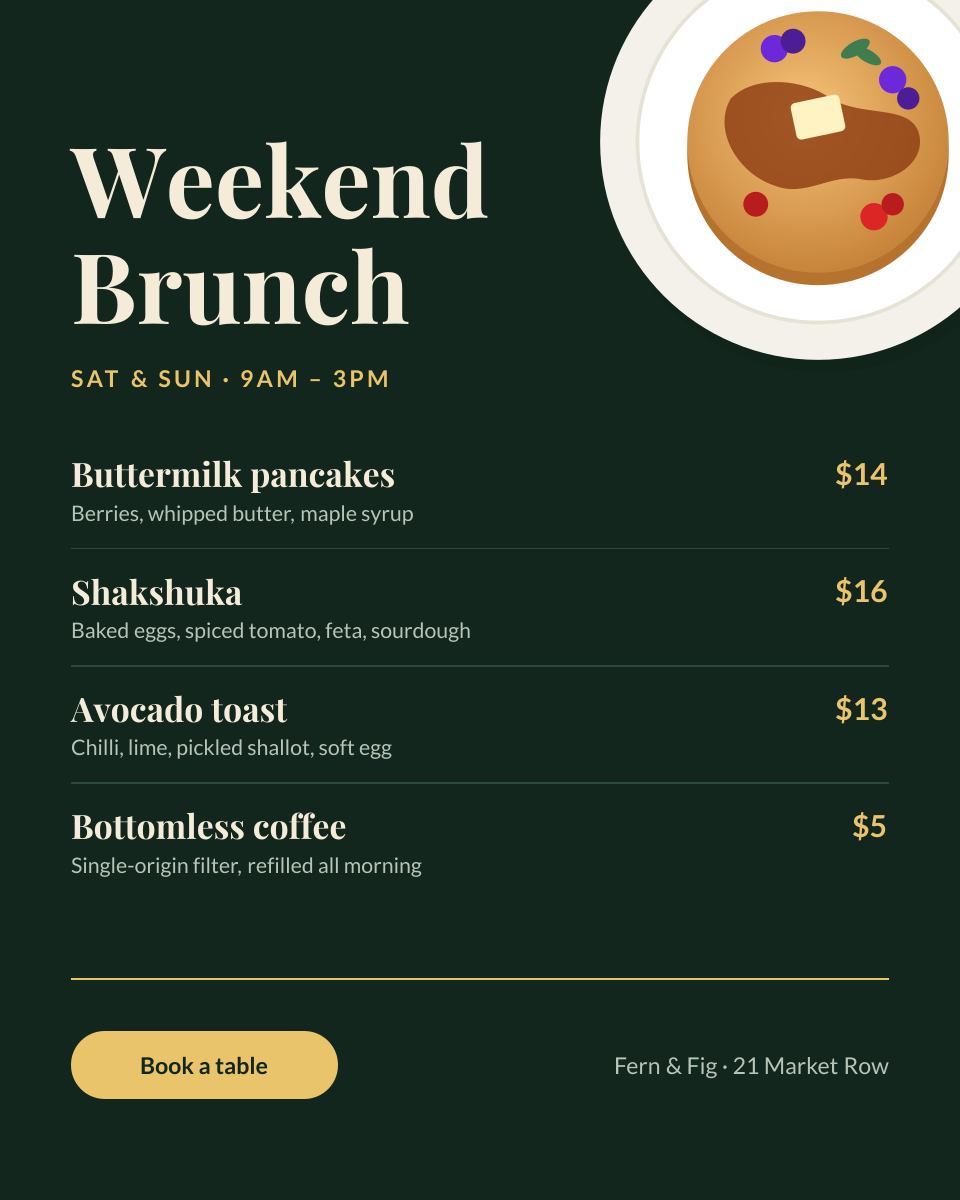 Preview of the Restaurant Menu Promotion template: chalkboard-style brunch menu with dishes, prices and a booking button