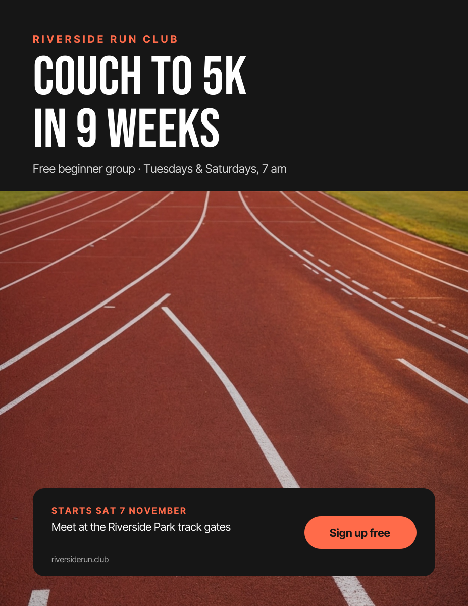 Preview of the Running Club Poster template: bold couch to 5k headline over a red running track with a start date card