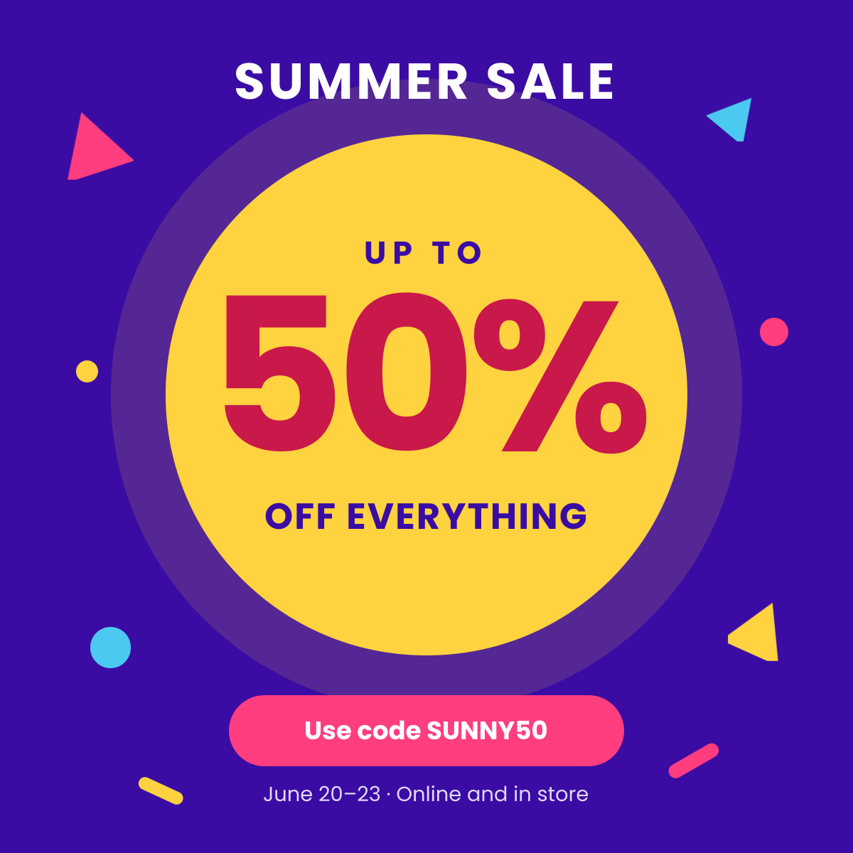 Preview of the Sale & Discount Promotion template: loud, colourful sale post with a giant percentage and promo code