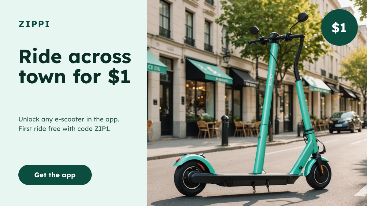 Preview of the Scooter Rental Ad template: mint e-scooter on a sunny street beside a fresh price headline and app button