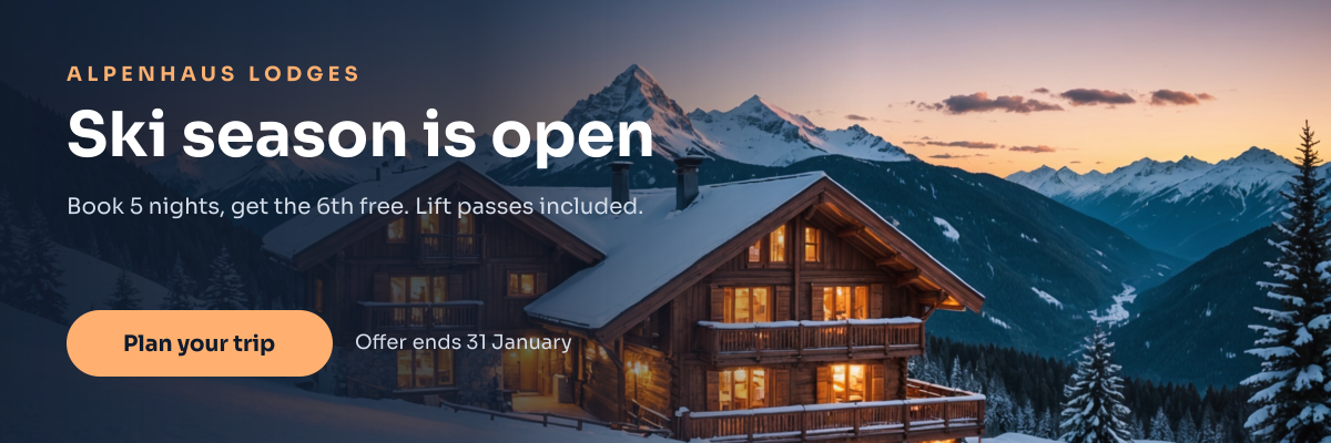 Preview of the Ski Season Email Header template: snowy chalet photo with a navy fade, ski season headline, offer and button