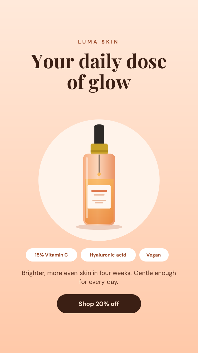 Preview of the Beauty & Skincare Promotion template: soft peach story with a product hero, ingredient chips and discount