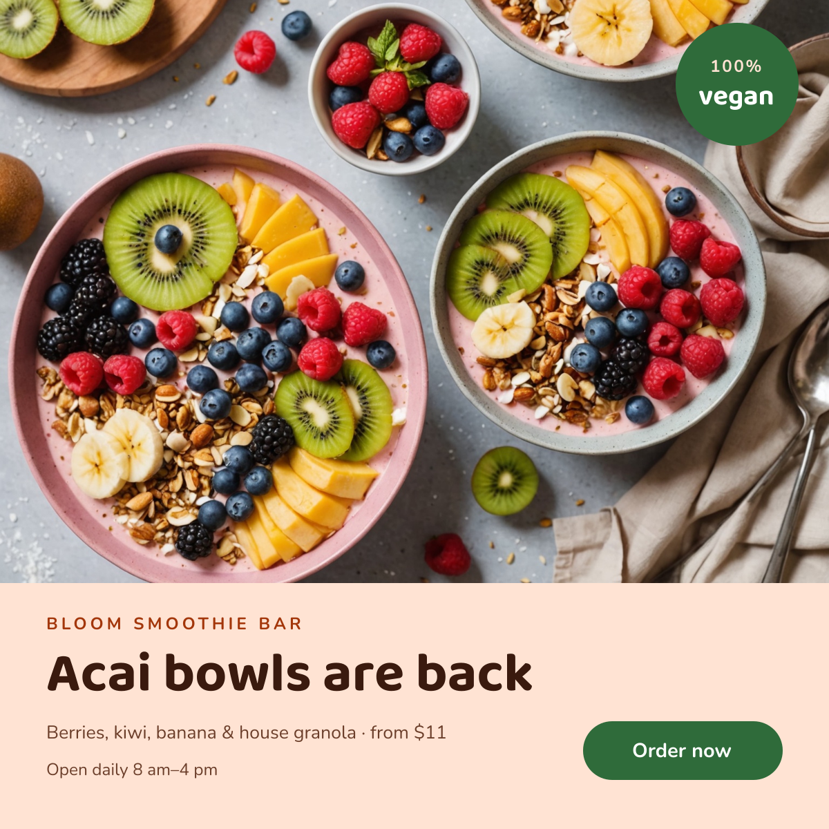 Preview of the Smoothie Bar Post template: colourful smoothie bowls above a peach panel with a playful headline and order button