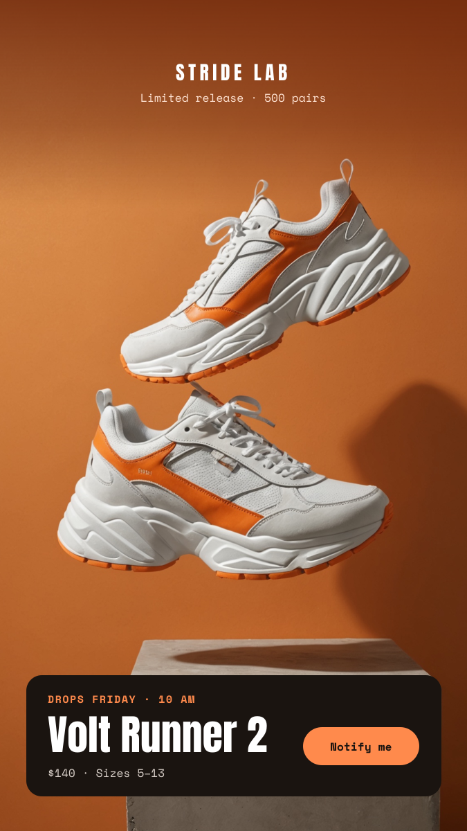 Preview of the Sneaker Drop Story template: floating sneakers on an orange wall with a dark drop-date card and button
