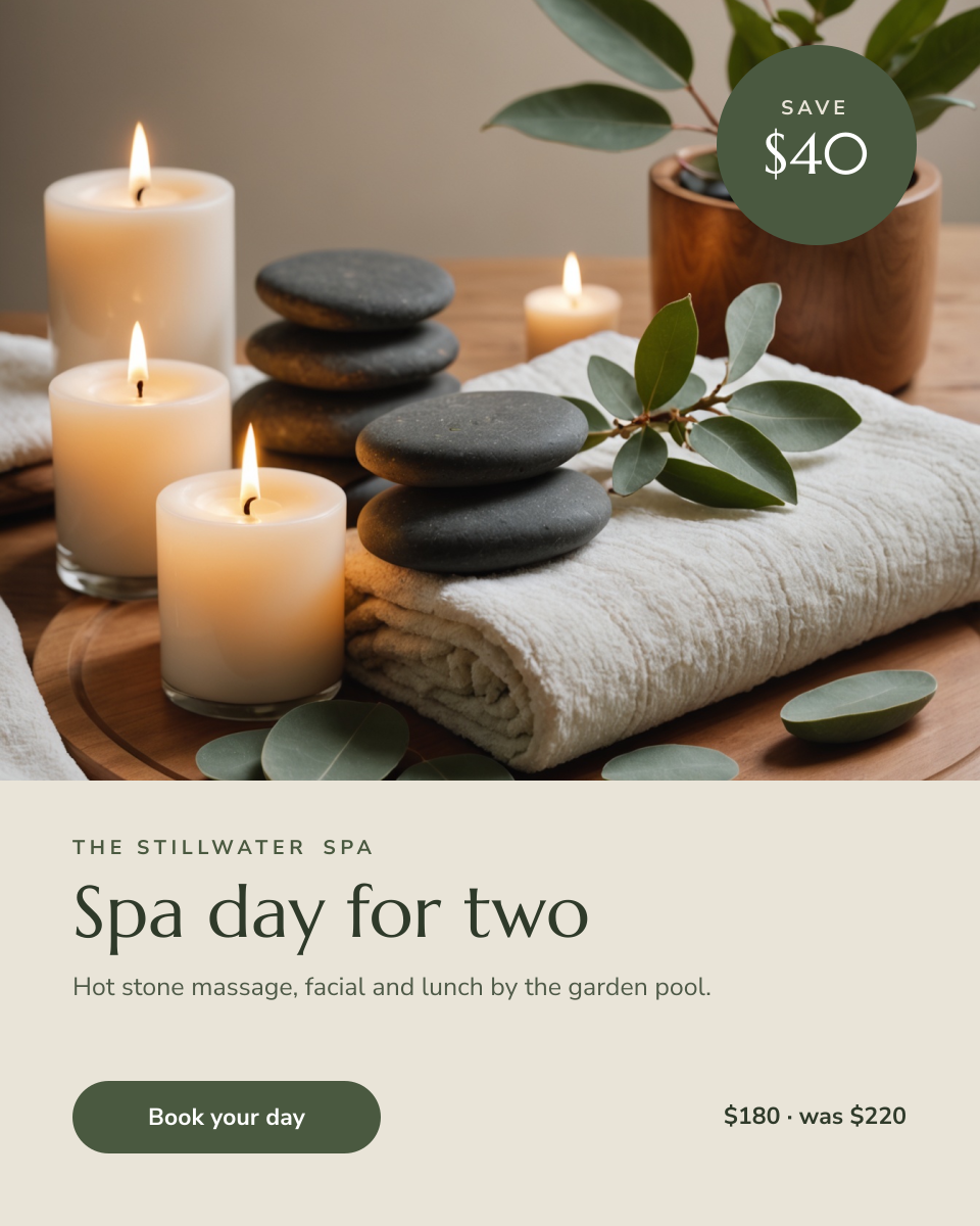 Preview of the Spa Day Offer template: hot-stone spa photo with a savings badge, package details, price and booking button