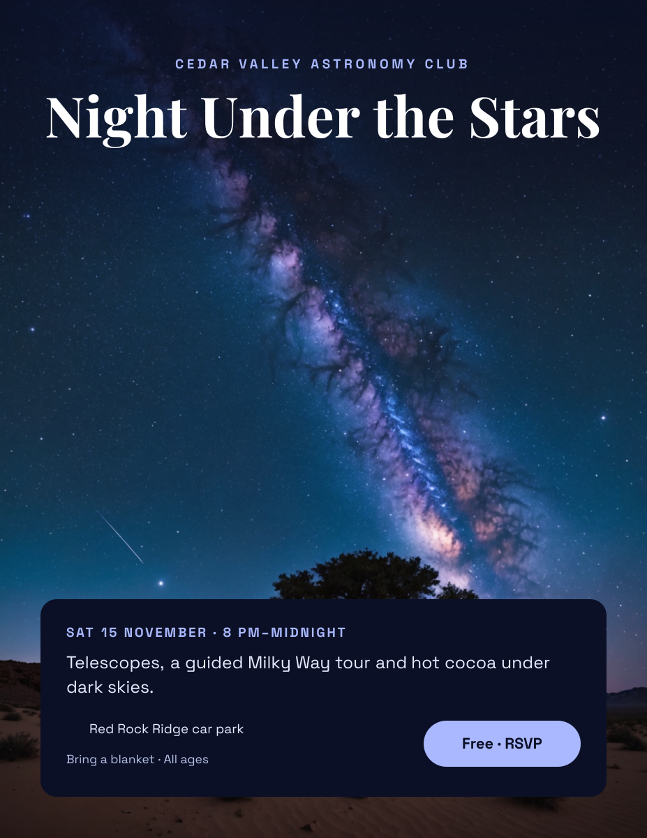 Preview of the Stargazing Night Poster template: milky way over the desert with a serif title and an event details card