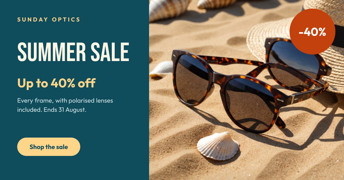 Preview of the Sunglasses Sale Banner template: teal sale panel beside a sunglasses-on-sand photo with a discount badge