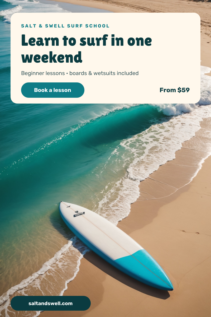 Preview of the Surf Lessons Pin template: turquoise wave and surfboard photo with a cream headline card and website tag
