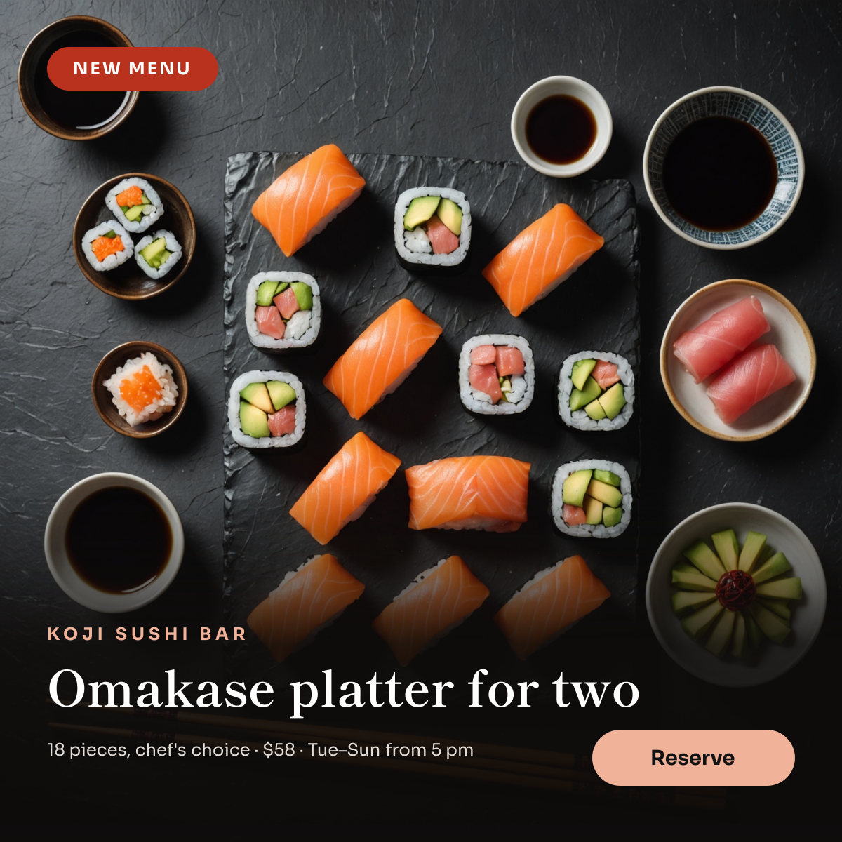 Preview of the Sushi Restaurant Post template: overhead sushi platter on slate with a new-menu badge and a dark fade for the dish