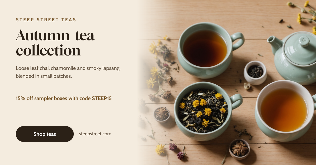 Preview of the Tea Shop Banner template: loose leaf tea photo with an autumn collection headline, discount code and button