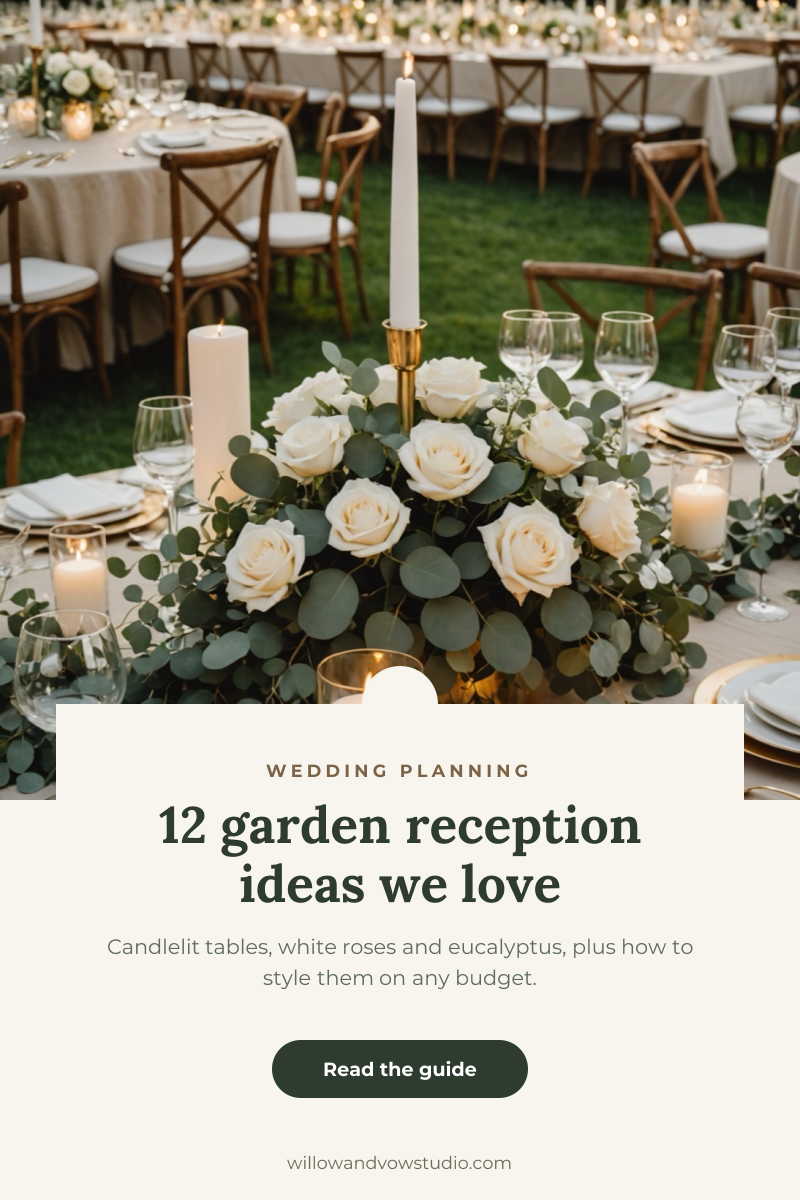 Preview of the Wedding Ideas Pin template: romantic reception photo with a cream card, serif headline and guide button