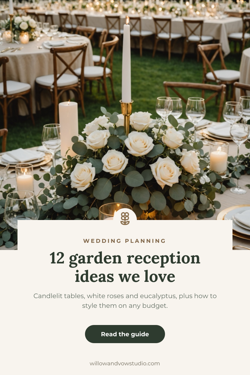 Preview of the Wedding Ideas Pin template: romantic reception photo with a cream card, serif headline and guide button