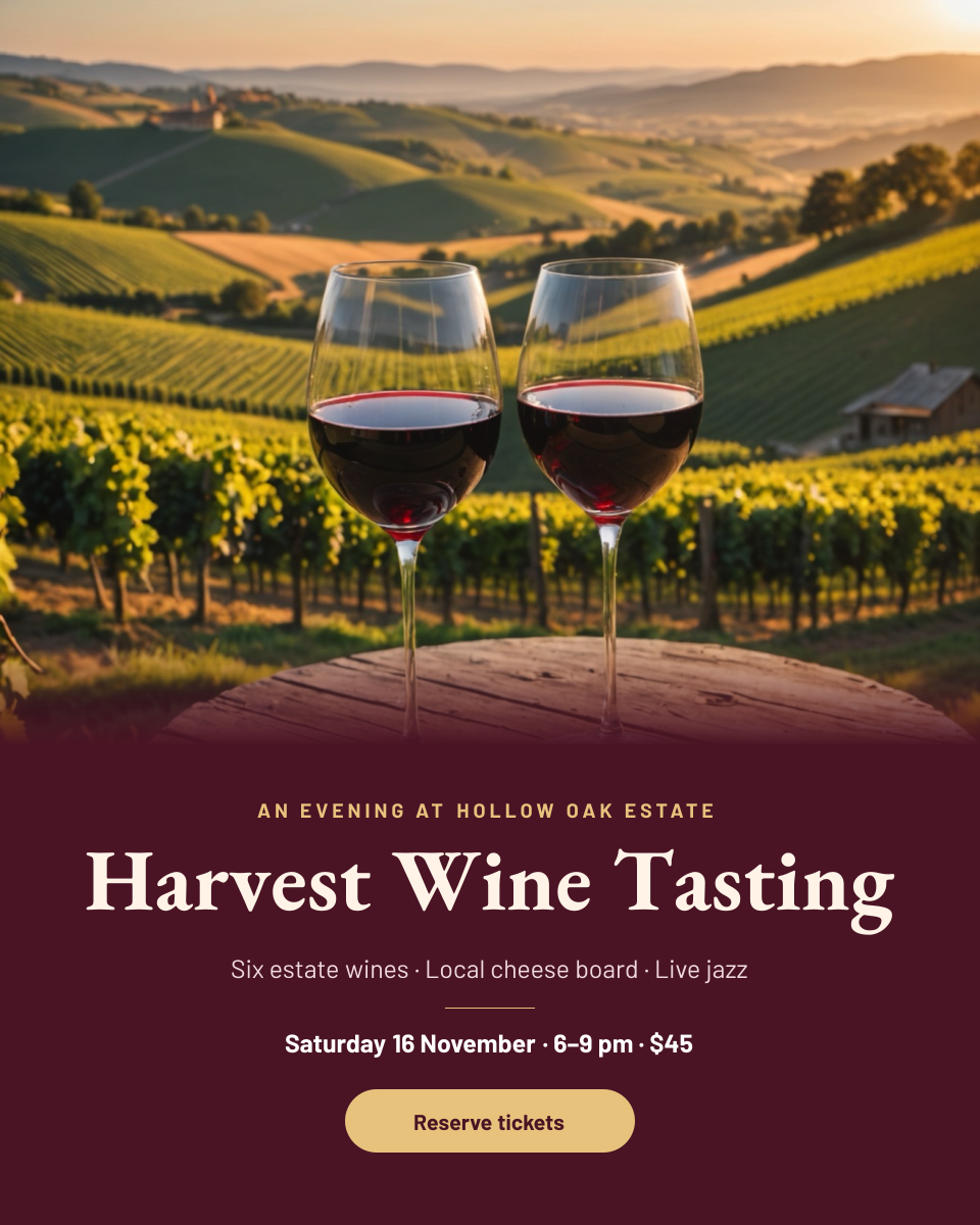 Preview of the Wine Tasting Event template: vineyard sunset photo fading into burgundy, with event details and tickets