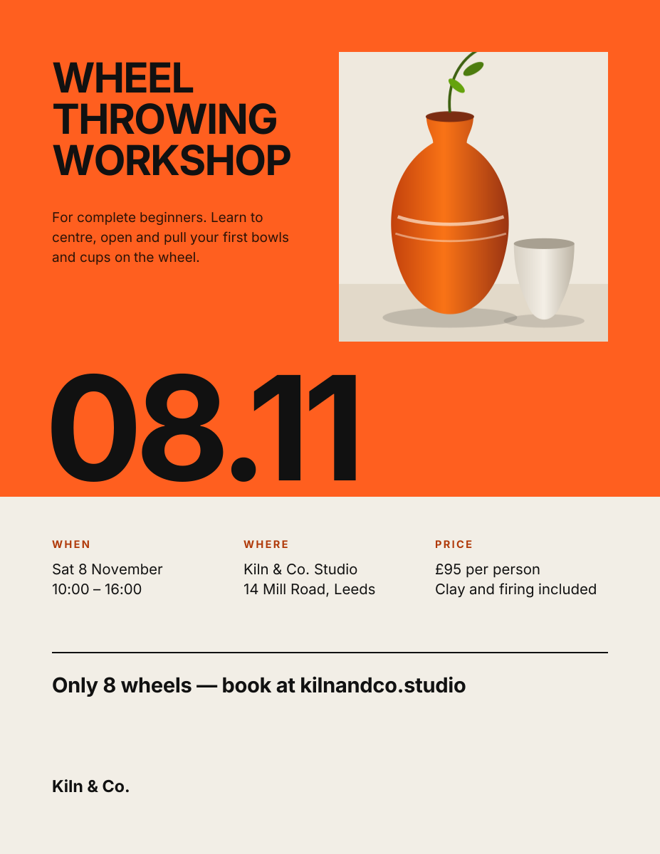 Preview of the Workshop Poster template: swiss-style print poster with a huge date and a details grid