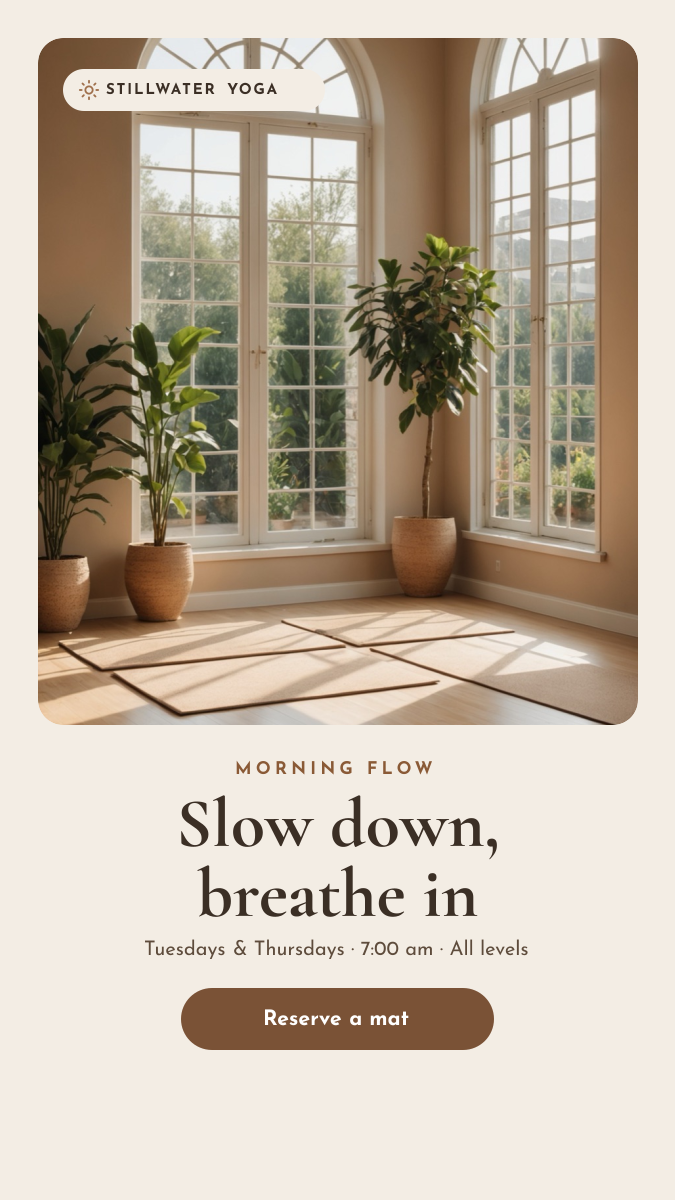 Preview of the Yoga Class Story template: framed studio photo with a calm serif headline, class times and a reserve button